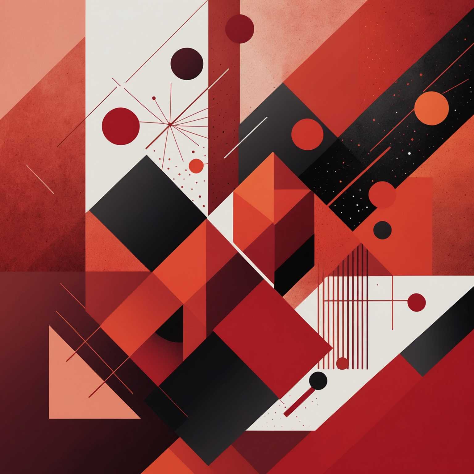 Das Bild zeigt ein abstraktes Kunstposter, das überwiegend in Rottönen gestaltet ist. Das Design verwendet verschiedene Rottöne, die mit geometrischen Formen, kräftigen Linien und fließenden Mustern kombiniert sind. Es gibt Elemente der modernen Kunst und eine minimalistische Ästhetik, wobei einige Bereiche fließende Übergänge und andere scharfe Kontraste aufweisen.