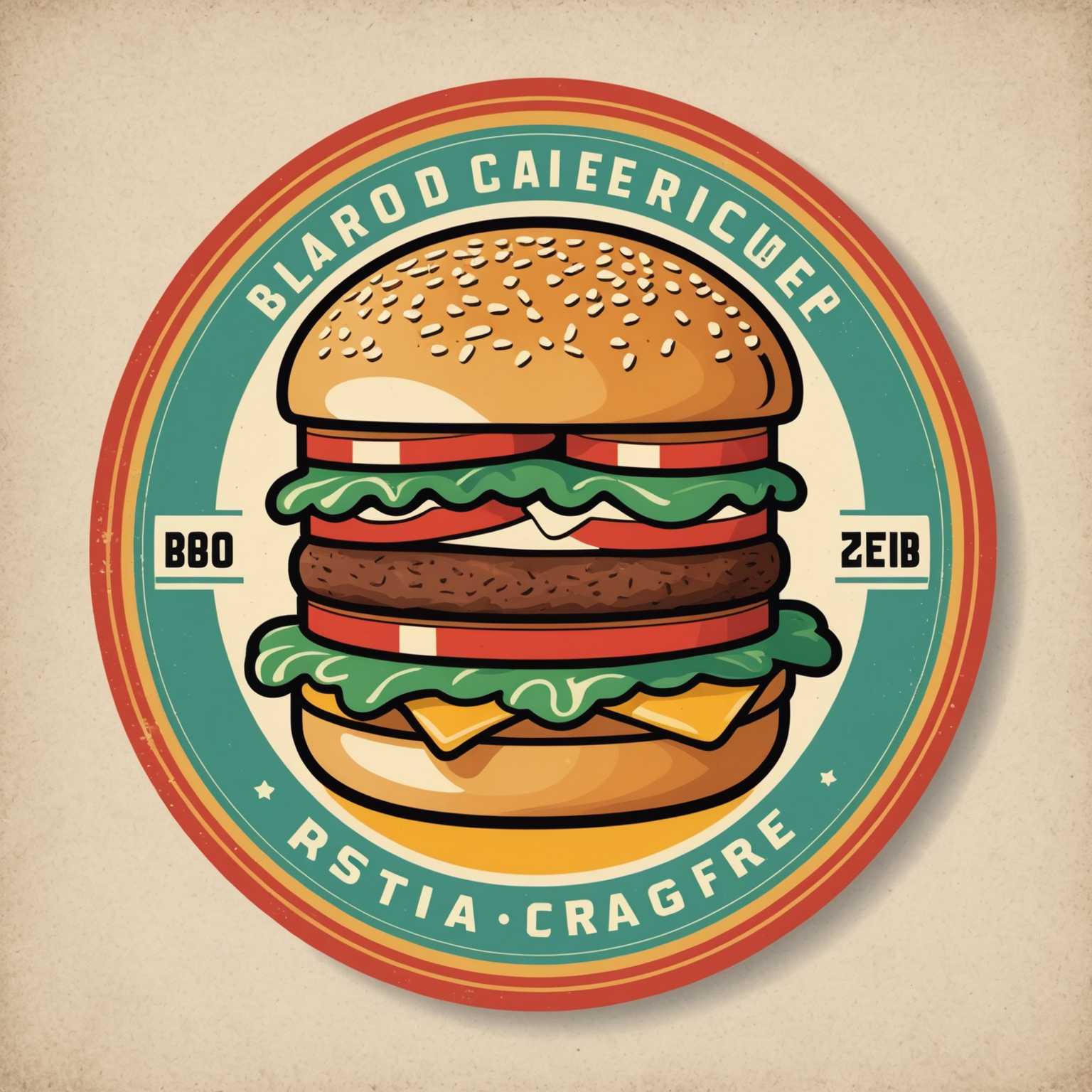 Eine Sammlung von Retro-Logos im Vintage-Stil mit Lebensmittelthemen. Die Logos sind bunt und jedes hat ein einzigartiges Vintage-Design, das verschiedene Lebensmittel wie Burger, Pizzas und Eiscremes integriert. Der Texteingabe umfasst Markennamen oder Slogans, die in klassischen, nostalgischen Schriftarten geschrieben sind und das Retro-Ästhetik ergänzen. Der Gesamtsstil erinnert an Werbungen aus der Mitte des 20. Jahrhunderts, mit kräftigen Farben und verspielter Typografie.