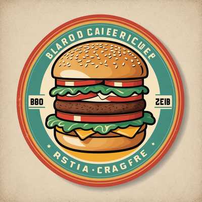 Eine Sammlung von Retro-Logos im Vintage-Stil mit Lebensmittelthemen. Die Logos sind bunt und jedes hat ein einzigartiges Vintage-Design, das verschiedene Lebensmittel wie Burger, Pizzas und Eiscremes integriert. Der Texteingabe umfasst Markennamen oder Slogans, die in klassischen, nostalgischen Schriftarten geschrieben sind und das Retro-Ästhetik ergänzen. Der Gesamtsstil erinnert an Werbungen aus der Mitte des 20. Jahrhunderts, mit kräftigen Farben und verspielter Typografie.