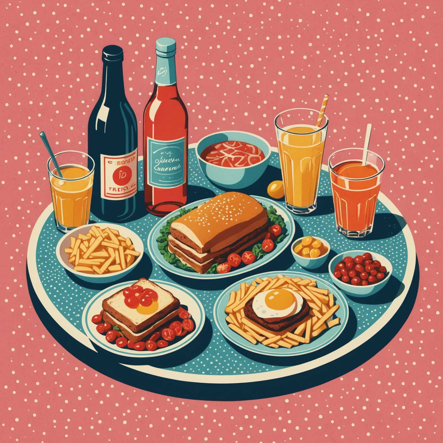 Dieses Bild zeigt eine retro Halftone Risograph Illustration eines klassischen Essensarrangements, das ein Getränk darstellt. Der Stil verwendet das für Retro-Drucktechniken typische Punktmuster-Halftoning, mit einer begrenzten Farbpalette und stilisierten Details.