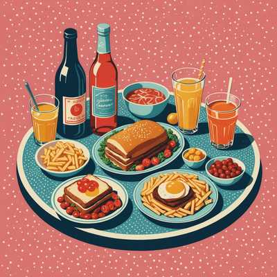 Dieses Bild zeigt eine retro Halftone Risograph Illustration eines klassischen Essensarrangements, das ein Getränk darstellt. Der Stil verwendet das für Retro-Drucktechniken typische Punktmuster-Halftoning, mit einer begrenzten Farbpalette und stilisierten Details.