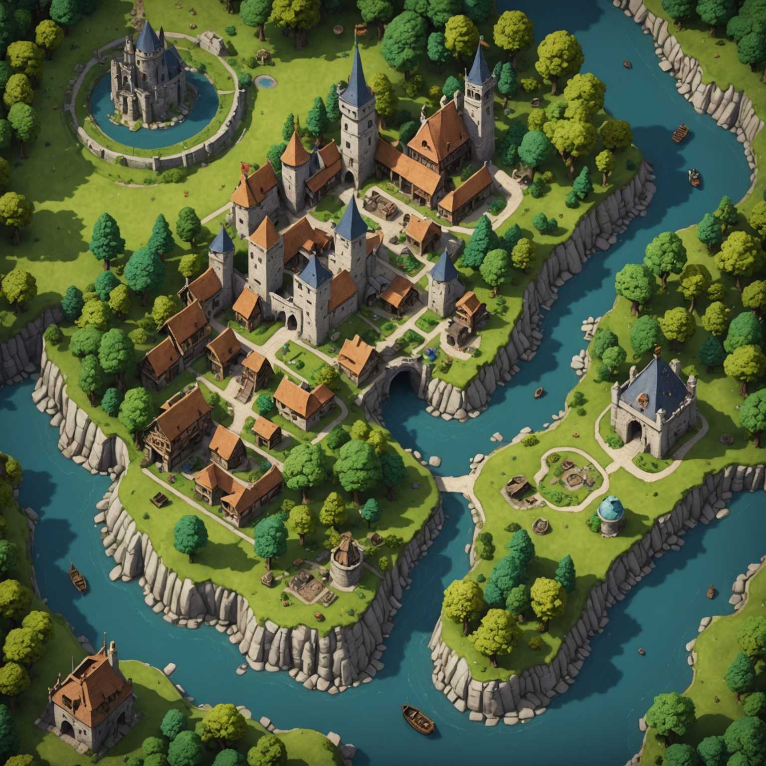 Dieses Bild zeigt eine detaillierte Draufsicht auf eine kunstvoll gestaltete RPG-Spielkarte. Die Karte verfügt über unterschiedliche Landschaften, darunter üppige Wälder, geschwungene Flüsse, hohe Berge und weite Ebenen. Kleine Dörfer mit Strohdachhäusern und Kopfsteinpflasterstraßen sind über die Karte verstreut. Burgen mit hohen Türmen und befestigten Mauern befinden sich prominent auf Hügeln. Es gibt versteckte Verliese und Höhlen, die durch mysteriöse Symbole gekennzeichnet sind. Wege und Straßen verbinden die verschiedenen Orte, wobei Brücken über Wasserläufe führen. Die gesamte Karte ist sehr detailliert mit lebendigen Farben und künstlerischen Illustrationen, die die Fantasiewelt zum Leben erwecken.