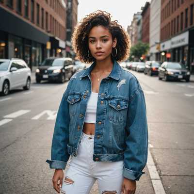 Eine stilvolle junge Frau steht selbstbewusst auf einer belebten Straße in der Stadt. Sie trägt eine lebhafte, übergroße Jeansjacke, kombiniert mit einem weißen Crop-Top und hoch taillierten, zerrissenen Jeans. Zu ihren Accessoires gehören große Creolen, eine elegante schwarze Schultertasche und trendige weiße Sneakers. Der Hintergrund zeigt eine urbane Umgebung mit hohen Gebäuden, Straßenschildern und vorbeigehenden Menschen, was die Essenz einer lebhaften, städtischen Atmosphäre einfängt. Das natürliche Licht verstärkt die Farben und Texturen ihres Outfits und trägt zur dynamischen und modischen Ausstrahlung des Fotos bei.