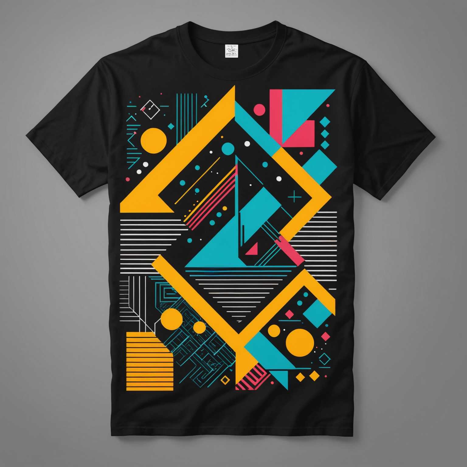Das Bild zeigt ein trendiges und modernes T-Shirt-Design mit einzigartiger, künstlerischer Grafik. Das Design umfasst auffällige Muster, abstrakte Formen und lebendige Farben. Das T-Shirt integriert Elemente wie geometrische Figuren, ausgefeilte Linienkunst und kreative Typografie. Es wird vor einem sauberen, minimalistischen Hintergrund präsentiert, um den Fokus auf die detaillierte und stilvolle Grafik zu lenken. Das gesamte Ästhetik wirkt zeitgenössisch und modisch, und spricht ein junges und stilbewusstes Publikum an.