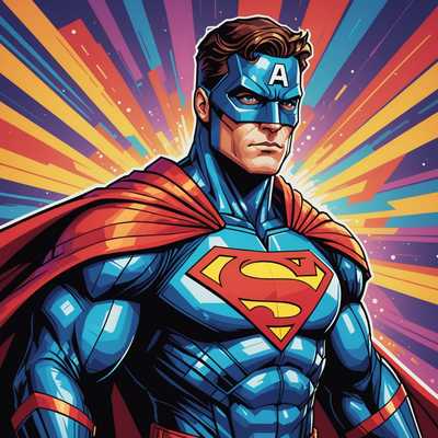 Das Bild zeigt ein Pixel-Art-Porträt eines Superhelden in einem dynamischen Pose, charakterisiert durch lebendige Farben und eine Retro-Video-Spiel-Ästhetik. Der Superheld trägt ein farbenfrohes Kostüm mit einem wehendem Umhang und einer Maske, die die obere Hälfte seines Gesichts bedeckt. Der Hintergrund ist schlicht, was den pixeligen Helden im Vordergrund betont. Der Stil ist nostalgisch und erinnert an klassische Arcade-Spiele. Detaillierte Schattierungen und sorgfältige Pixelplatzierungen bringen die Merkmale und die Muskulatur des Superhelden zur Geltung, wodurch die Figur mit einem Gefühl von Kraft und Fantasie hervorsticht.