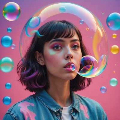 In diesem lebhaften und verspielten Kunstwerk wird eine Person dargestellt, die eine Blase mit einem leuchtenden, farbenfrohen Kaugummi bläst. Der Hintergrund ist abstrakt und zeigt eine Mischung aus Pastelltönen und dynamischen Formen, die dem Stück ein modernes, verspieltes Flair verleihen. Die Person ist semi-realistisch illustriert, mit übertriebenen Merkmalen, insbesondere den großen, ausdrucksstarken Augen und der überdimensionalen Blase. Das Kunstwerk ist voller filigraner Details, wie den subtilen Texturen auf der Blase und fließenden Linien, die den Blick des Betrachters über die Komposition führen. Dieses einzigartige Werk verbindet nahtlos Elemente des abstrakten Designs und der Pop-Art und schafft so ein fesselndes und lebendiges visuelles Erlebnis.