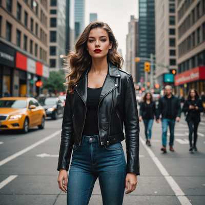 Eine junge Frau steht selbstbewusst auf einer belebten Straße, umgeben von hohen Gebäuden und urbaner Architektur. Sie trägt ein stylishes Outfit, bestehend aus einer eleganten Lederjacke, hoch taillierten Jeans und Stiefeletten. Ihr Haar ist in lose Wellen gestylt und sie trägt einen auffälligen roten Lippenstift. Im Hintergrund sind gehende Menschen und verschwommene Autos zu sehen, die die lebendige Energie der städtischen Umgebung einfangen. Das Licht ist natürlich und es werden Schatten von den umliegenden Gebäuden geworfen.