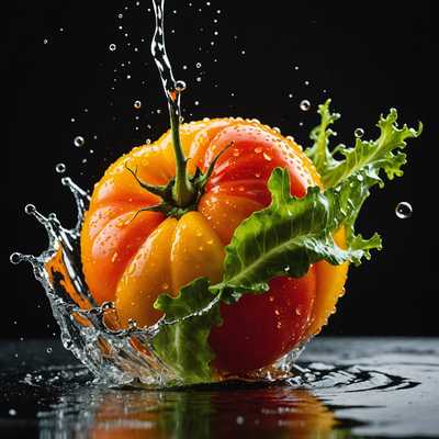 Im Bild ist eine lebendige Darstellung eines bunten Gemüses, umgeben von spritzendem Wasser. Man sieht, dass das gewählte Gemüse beispielsweise eine leuchtend rote Tomate, knackig grüner Salat, saftige Orange oder gelbe Paprika sein könnte. Der dunkle Hintergrund lässt die Farben des Gemüses noch mehr hervorstechen. Die Wassertröpfchen glitzern im Licht und verstärken die Textur und die visuelle Anziehungskraft des Gemüses. Die gesamte Szene ist dynamisch und lebendig und vermittelt Frische und Vitalität.