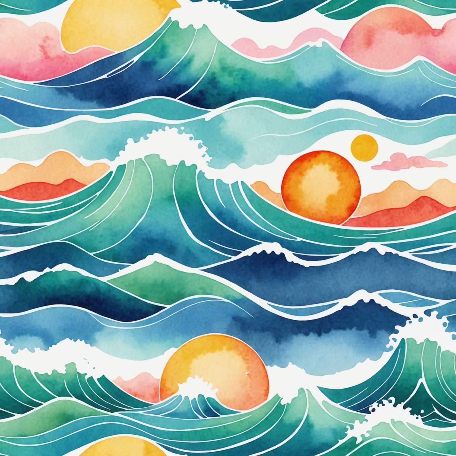Ein sommerlich gestaltetes Clipart von Meereswellen in Aquarelltechnik. Die Farben sind hell und pastellartig und wecken Erinnerungen an sonnige und fröhliche Sommertage. Die Darstellung ist zart gemalt mit einer weichen, texturierten Aquarelltechnik, die ihr eine verspielte und künstlerische Note verleiht.