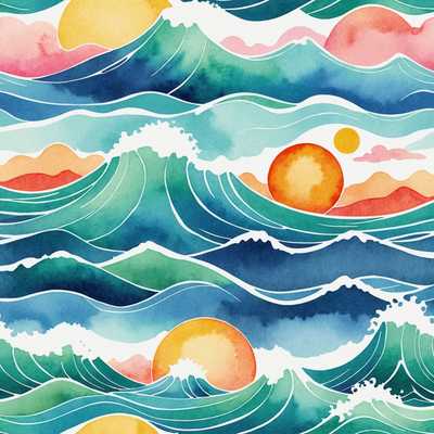 Abstraktes Aquarell: Ozeanwellen und bunte Himmel