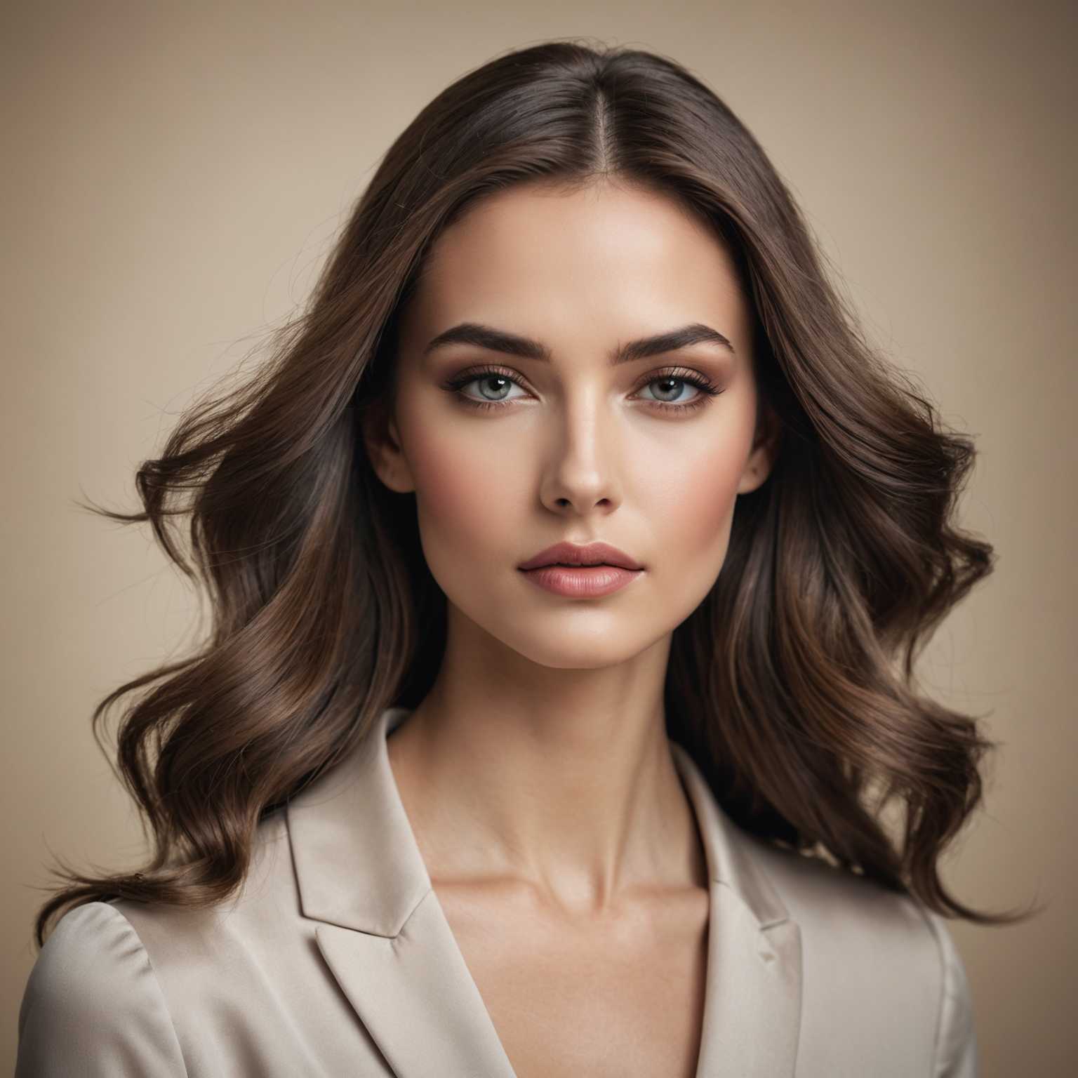 Eine gelassene Frau mit markanten Gesichtszügen wird in einem High-Fashion-Porträt festgehalten. Sie hat glatte, makellose Haut und trägt elegantes Make-up, das ihre Augen und Lippen betont. Ihr Ausdruck ist ruhig und selbstbewusst und vermittelt ein Gefühl von Raffinesse und Anziehungskraft. Sie hat langes, fließendes Haar, das schön um ihre Schultern gestylt ist. Der Hintergrund ist unscharf und in neutralen Farben gehalten, was die gesamte Aufmerksamkeit auf ihr Gesicht und ihren Oberkörper lenkt und ihre Präsenz als zentrales Motiv betont. Sie ist mit einem schicken, stilvollen Outfit gekleidet, das ihren insgesamt eleganten Look unterstreicht.