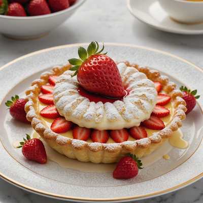 Ein köstlich aussehendes Dessert sitzt elegant auf einem Porzellanteller. Dieses Dessert verfügt über eine goldbraune, schuppige Gebäckkruste, die sorgfältig in Schichten angeordnet ist. In der Mitte liegt ein Klecks reichhaltiger, cremiger Vanillepudding, belegt mit einer glänzenden, saftigen roten Erdbeere, die frisch gepflückt aussieht. Um die Erdbeere herum ist ein Hauch von Puderzucker gestreut, was eine zarte Note hinzufügt. Der Teller ist künstlerisch mit einem Spritzer dunkler Schokoladensauce garniert, die auf dem Teller komplizierte Muster bildet. Insgesamt ist die Komposition des Desserts visuell atemberaubend und schafft eine appetitliche Atmosphäre.