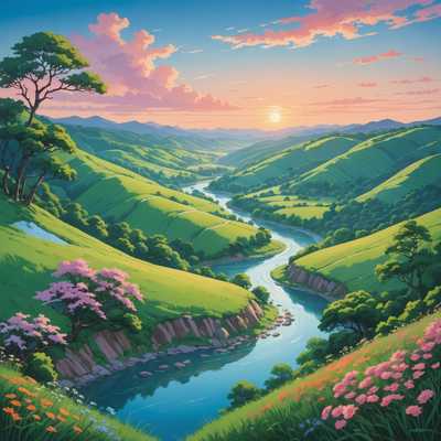 Das Bild zeigt eine malerische Anime-Landschaft mit sanften Hügeln, die mit üppigem Grün bedeckt sind. Ein geschwungener Fluss durchzieht die Szene und spiegelt die lebendigen Farben der umliegenden Natur wider. Im Vordergrund verleihen detaillierte Blumen und Bäume der Komposition Tiefe und Schönheit. Der Himmel ist ein Farbverlauf aus sanften Pastelltönen, der von einem hellen, klaren Blau oben zu einem sanften Rosa und Orange am Horizont übergeht, was entweder Sonnenaufgang oder Sonnenuntergang anzeigt. Im Hintergrund schaffen ferne Berge ein Gefühl von Größe. Die gesamte Szene vermittelt eine ruhige und idyllische Atmosphäre.