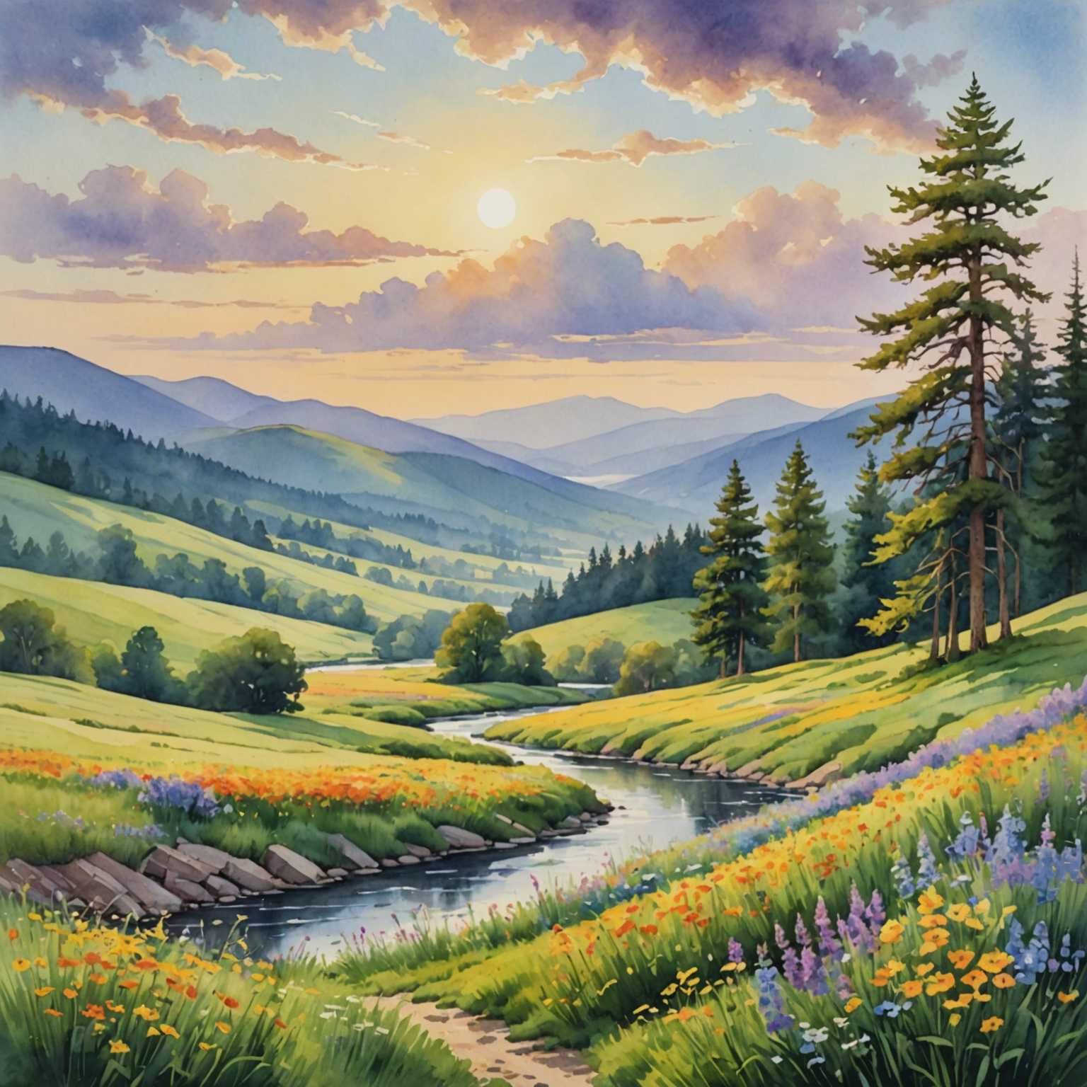 Das Bild zeigt eine friedliche Landschaft, die in Aquarell gemalt ist. Im Vordergrund schlängelt sich ein sanfter Fluss durch üppige grüne Wiesen, die mit bunten Wildblumen übersät sind. Auf beiden Seiten des Flusses bilden hohe Bäume in verschiedenen Grüntönen, Gelb- und Orangetönen ein natürliches Blätterdach. Der Himmel darüber ist eine Mischung aus sanften Blau- und Lilatönen, durchzogen von flauschigen weißen Wolken. Im Hintergrund sind sanfte Hügel und entfernte Berge zu sehen, deren Gipfel leicht verschwommen sind, um ein Gefühl von Tiefe zu erzeugen. Die gesamte Szene ist in das warme, goldene Licht des Sonnenaufgangs oder Sonnenuntergangs getaucht, was der Landschaft eine friedliche und ätherische Ausstrahlung verleiht.