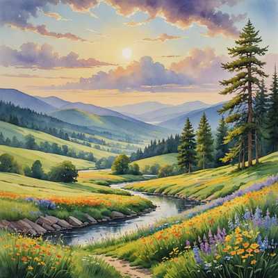 Das Bild zeigt eine friedliche Landschaft, die in Aquarell gemalt ist. Im Vordergrund schlängelt sich ein sanfter Fluss durch üppige grüne Wiesen, die mit bunten Wildblumen übersät sind. Auf beiden Seiten des Flusses bilden hohe Bäume in verschiedenen Grüntönen, Gelb- und Orangetönen ein natürliches Blätterdach. Der Himmel darüber ist eine Mischung aus sanften Blau- und Lilatönen, durchzogen von flauschigen weißen Wolken. Im Hintergrund sind sanfte Hügel und entfernte Berge zu sehen, deren Gipfel leicht verschwommen sind, um ein Gefühl von Tiefe zu erzeugen. Die gesamte Szene ist in das warme, goldene Licht des Sonnenaufgangs oder Sonnenuntergangs getaucht, was der Landschaft eine friedliche und ätherische Ausstrahlung verleiht.
