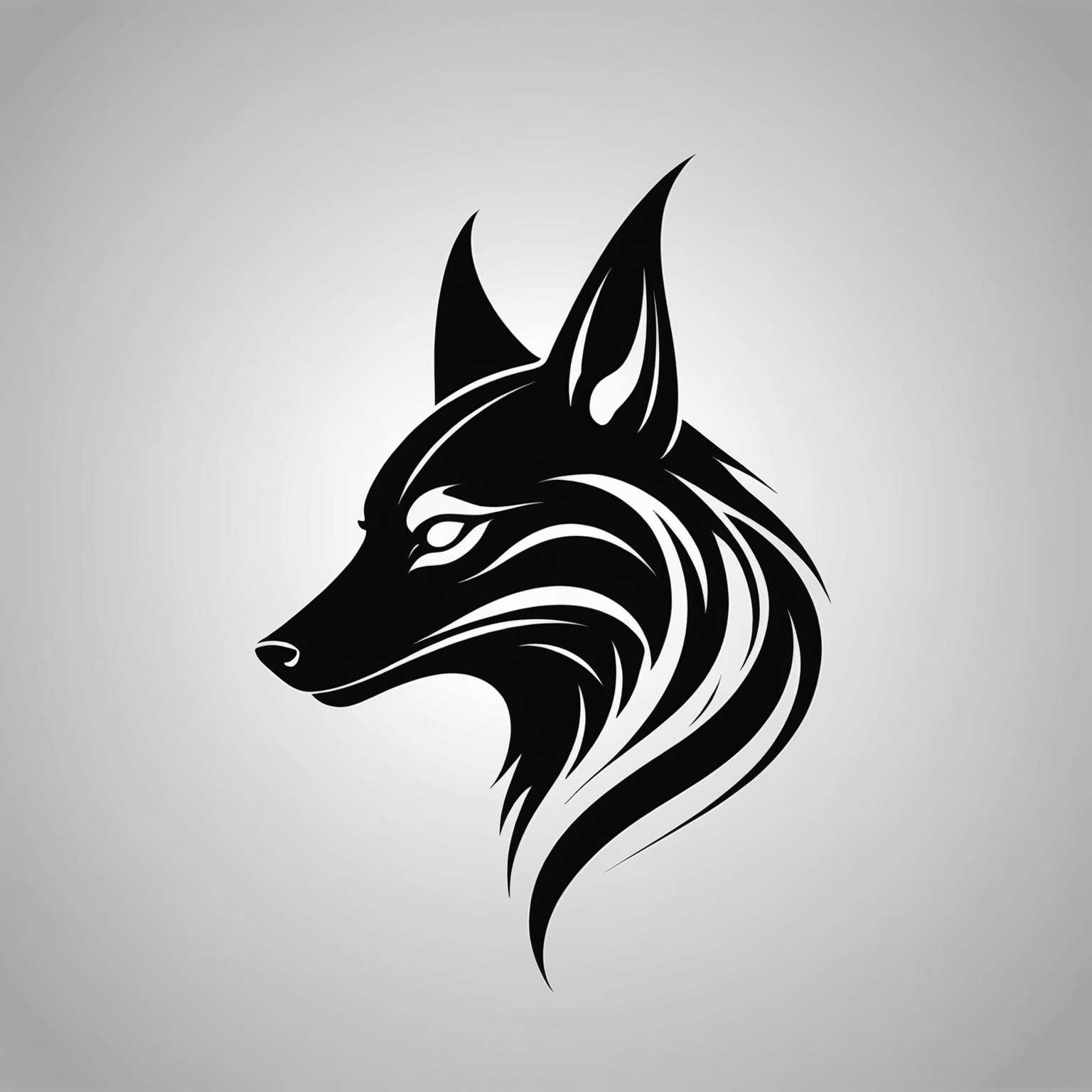 Das Bild zeigt eine schwarze Silhouette eines stilisierten Fuchskopfes mit scharfen Merkmalen und spitzen Ohren, umgeben von fließenden, abstrakten Linien, die Flammen oder Wellen ähneln. Die Gestaltung ist schlank und modern, geeignet für ein Logo.