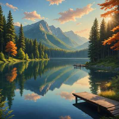 Eine ruhige Landschaft mit einem friedlichen See, umgeben von üppigen grünen Wäldern und hohen Bergen im Hintergrund. Der Himmel ist klar mit einem sanften Farbverlauf, der von warmem Orange in der Nähe des Horizonts zu tiefem Blau weiter oben übergeht. Sanfte Sonnenstrahlen dringen durch die Bäume und werfen gesprenkeltes Licht auf den Waldboden. Ein kleiner Holzsteg ragt in das ruhige Wasser des Sees und lädt zu Frieden und Reflexion ein. Die gesamte Szene ist in einem weichen, malerischen Stil gestaltet und verstärkt ihre meditative und spirituelle Qualität.