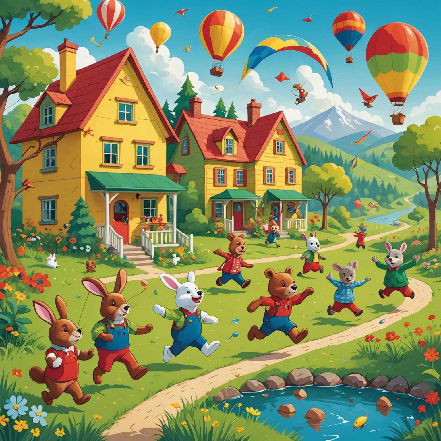 Die Abbildung zeigt eine bunte Cartoon-Illustration mit einer Gruppe von anthropomorphen Tieren, die sich auf einer lebhaften, grünen Landschaft vergnügen. Ein Hase im roten Hemd und blauen Shorts hüpft fröhlich, während ein Bär mit gelbem Hut und grünen Latzhosen einen Drachen steigen lässt. Ein gewundener Pfad führt zu einem malerischen kleinen Haus mit rotem Dach und Rauch aus dem Schornstein. Bäume mit üppigem Laubwerk und verstreute Blumen sind zu sehen, unter einem blauen Himmel mit fluffigen weißen Wolken und einer fröhlichen, lachenden Sonne. Der Stil ist hell, mit kräftigen Umrissen und lebhaften Farben.