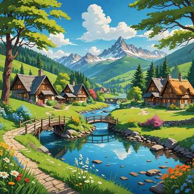 Das Bild zeigt eine lebendige und farbenfrohe Cartoon-Landschaft. Im Vordergrund gibt es üppig grünes Gras mit einer Vielzahl von blühenden Wildblumen, die rote, gelbe und blaue Farbtupfer hinzufügen. Ein klarer Fluss schlängelt sich sanft durch die Szene und spiegelt den azurblauen Himmel darüber wider. Auf beiden Seiten des Flusses gibt es sanfte Hügel, die mit grünen Bäumen bedeckt sind, darunter Laub- und Nadelbäume. Im Mittelgrund überspannt eine malerische Holzbrücke den Fluss und verbindet zwei Teile eines kleinen, idyllischen Dorfes. Das Dorf besteht aus charmanten, gemütlichen Häuschen mit Strohdächern, von denen einige Rauch aus ihren Schornsteinen aufsteigen lassen. Auf der rechten Seite des Bildes erhebt sich im Hintergrund eine majestätische Bergkette mit schneebedeckten Gipfeln, die in den blauen Himmel ragen. Flauschige weiße Wolken treiben gemächlich über den Himmel und vervollständigen die friedliche und malerische Szene.