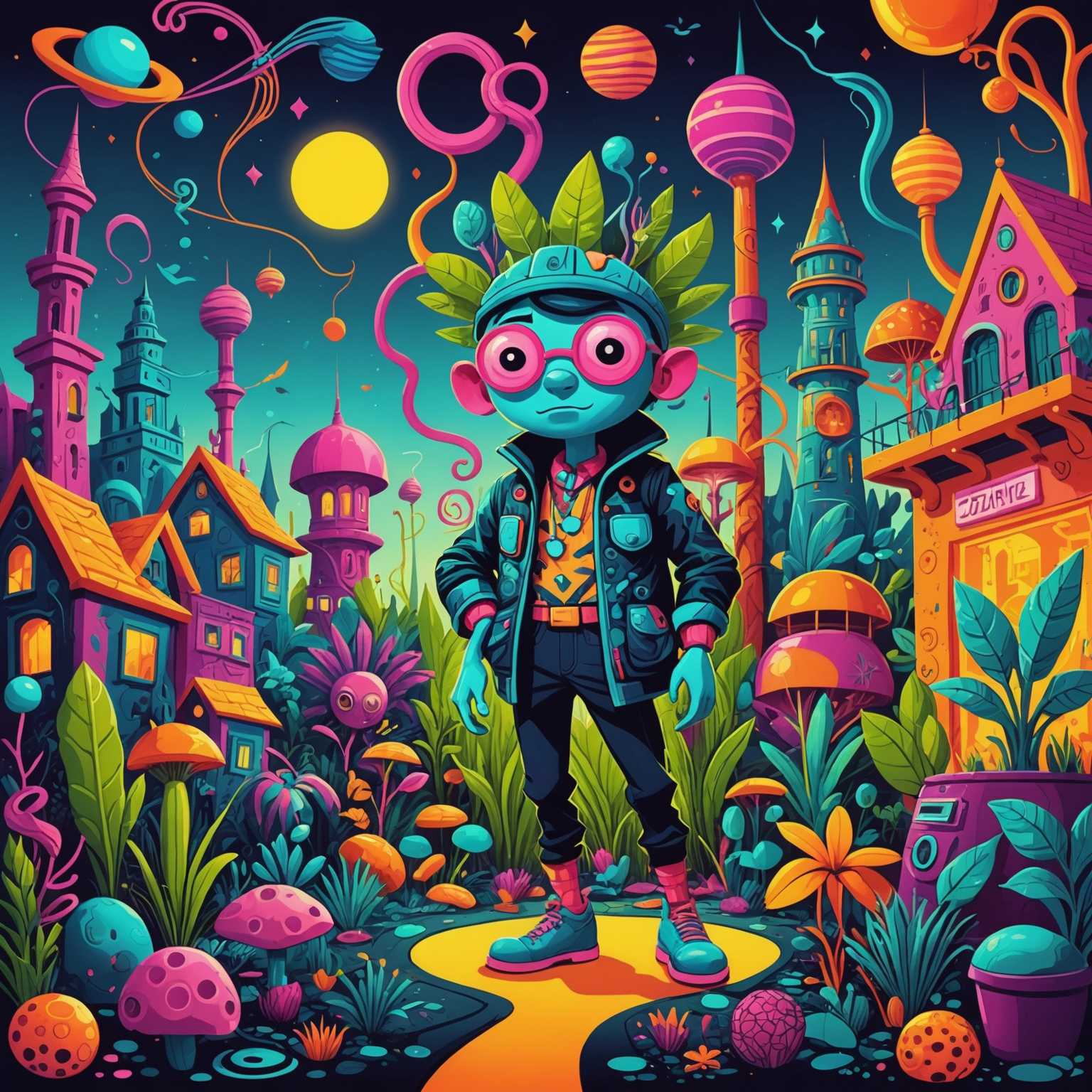 Eine lebhafte und chaotische Szene mit einem skurrilen Charakter, die in einem dynamischen Mix aus fantastischen Elementen und komplizierten Mustern dargestellt wird. Der Charakter befindet sich zwischen bizarren Objekten und einer surrealen Landschaft, wobei detaillierte Illustrationen von Pflanzen, Gebäuden und abstrakten Formen im Hintergrund zu sehen sind. Der Charakter ist auf eine cartoonhafte Weise aktiv. Die Szene ist mit kräftigen und kontrastreichen Farben gefüllt, die Neon- und Pastelltöne betonen und ein Gefühl von Bewegung und Energie vermitteln.