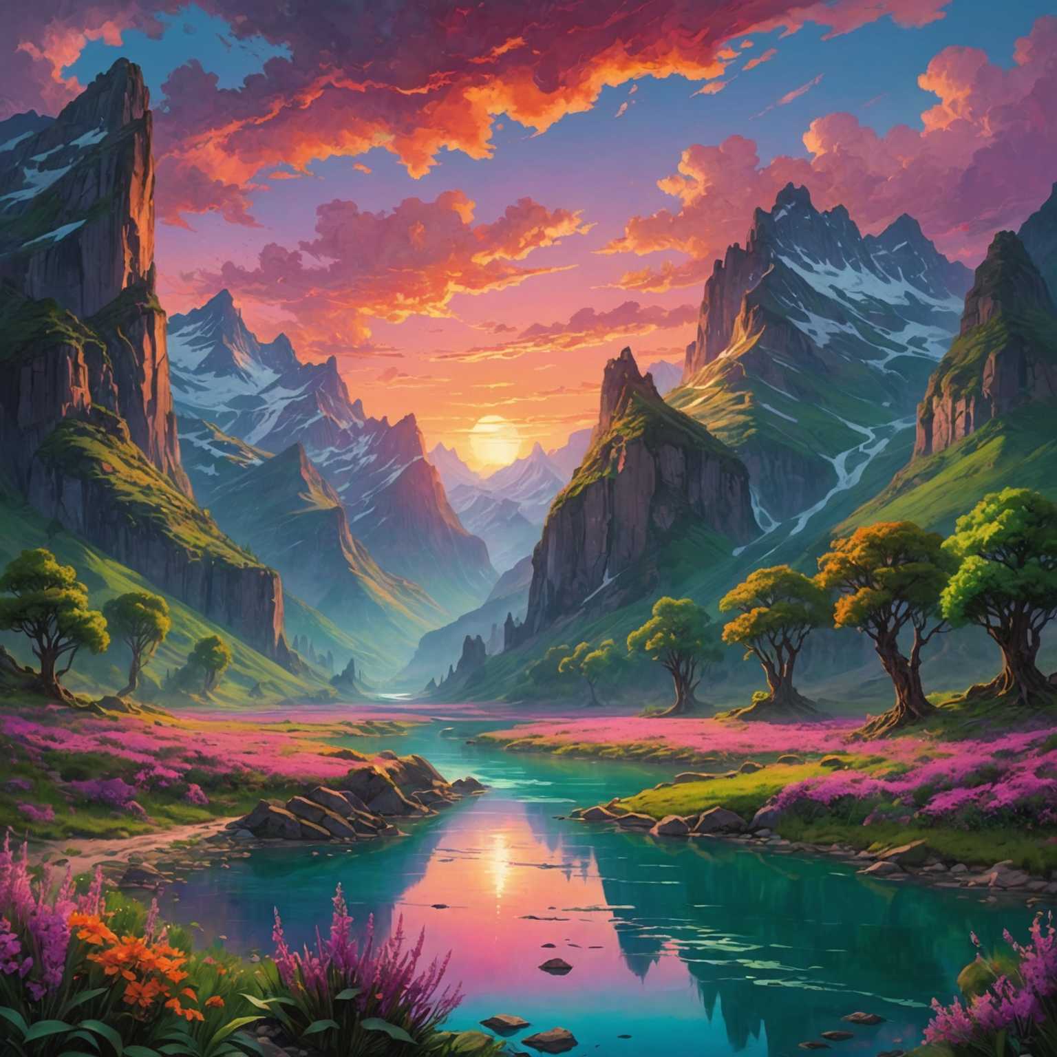 Eine weitläufige, fantastische Landschaft, getaucht in ätherisches Licht. Türmende, gezackte Berge ragen in einen Himmel, der mit lebhaften Tönen von Pink, Orange und Violett bemalt ist und einen surrealen Sonnenuntergang schafft. Unten schlängelt sich ein ruhiger, smaragdgrüner Fluss durch üppige, grüne Täler, die mit fremdartiger Flora übersät sind, darunter biolumineszente Blumen und kolossale, uralte Bäume mit verdrehten Ästen. Über die Szene verstreut sind malerische, skurrile Cottages mit Strohdächern, verbunden durch Kopfsteinpflasterwege, die im schwindenden Licht glitzern. Im Hintergrund thront majestätisch ein kristallines Schloss auf einem Berggipfel, dessen Türme wie Leuchtfeuer strahlen. Das gesamte Panorama strahlt eine traumhafte, fast magische Qualität aus, als wäre es den Seiten eines fantastischen Märchenbuchs entsprungen.