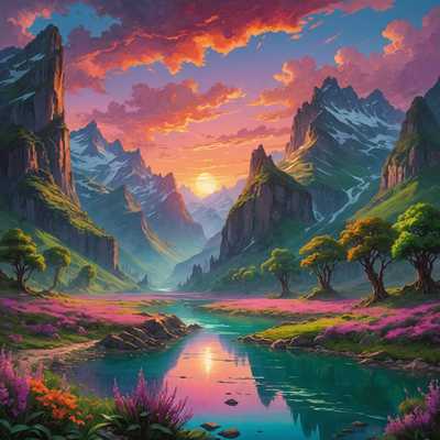 Eine weitläufige, fantastische Landschaft, getaucht in ätherisches Licht. Türmende, gezackte Berge ragen in einen Himmel, der mit lebhaften Tönen von Pink, Orange und Violett bemalt ist und einen surrealen Sonnenuntergang schafft. Unten schlängelt sich ein ruhiger, smaragdgrüner Fluss durch üppige, grüne Täler, die mit fremdartiger Flora übersät sind, darunter biolumineszente Blumen und kolossale, uralte Bäume mit verdrehten Ästen. Über die Szene verstreut sind malerische, skurrile Cottages mit Strohdächern, verbunden durch Kopfsteinpflasterwege, die im schwindenden Licht glitzern. Im Hintergrund thront majestätisch ein kristallines Schloss auf einem Berggipfel, dessen Türme wie Leuchtfeuer strahlen. Das gesamte Panorama strahlt eine traumhafte, fast magische Qualität aus, als wäre es den Seiten eines fantastischen Märchenbuchs entsprungen.