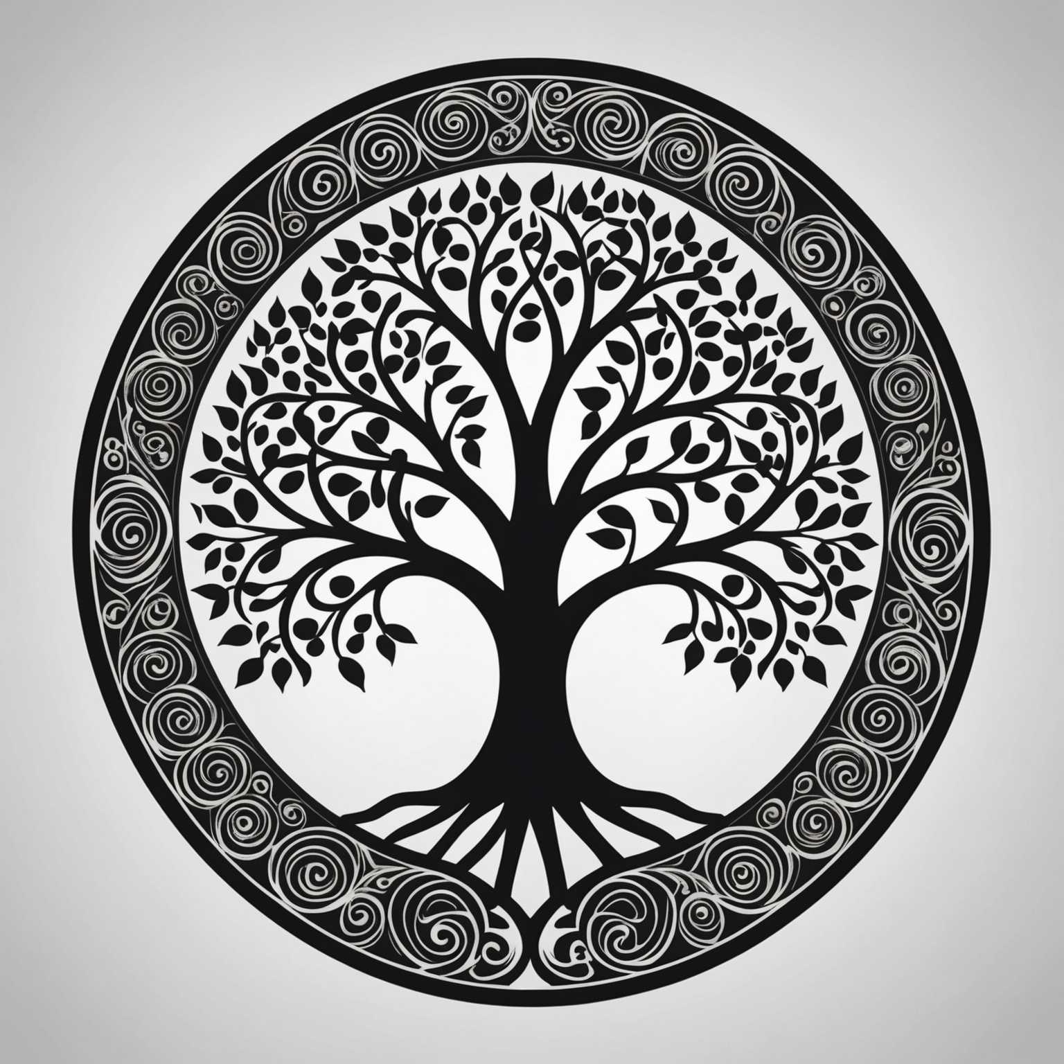 Das Bild zeigt ein kreisförmiges Logo-Design. Im Zentrum befindet sich die Silhouette eines Baums mit zarten, filigranen Ästen und Blättern. Um den Baum herum verläuft ein Ring, der elegante, geschwungene Muster enthält und dem Design einen Hauch von Raffinesse und Feinheit verleiht. Das Gesamtbild wirkt ausgewogen und optisch ansprechend, mit einer Mischung aus organischen und ornamentalen Elementen. Das Design ist monochrom und nutzt eine einzige Farbe sowie negativen Raum zur Schaffung von Tiefe und Kontrast.