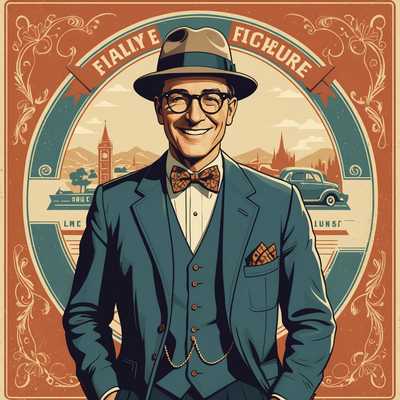 Die Abbildung zeigt eine Retro-Illustration mit einer Vaterfigur. Der Vater trägt einen klassischen Fedora-Hut, eine Brille und eine Fliege, was einem Vintage-Ästhetik darstellt. Er lächelt herzlich, vermutlich ein Gefühl von Freude und Liebe vermittelnd. Der Hintergrund beinhaltet verschiedene Vintage-Elemente wie Muster oder einfache Formen, die das nostalgische Gefühl der Illustration verstärken. Der gesamte Stil erinnert an Kunstwerke aus der Mitte des 20. Jahrhunderts, mit Betonung auf kräftige Linien und einer vereinfachten Farbpalette.