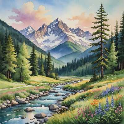 Dieser Aquarell-Landschaft zeigt majestätische Berge mit schneebedeckten Gipfeln vor einem ruhigen, pastellfarbenen Himmel. Im Vordergrund befindet sich ein üppiges, grünes Tal mit wilden Blumen und einem sanft fließenden Bach. Vereinzelte Bäume und Büsche fügen dem Bild Textur hinzu und harmonieren perfekt mit der umgebenden Natur. Die gesamte Komposition vermittelt ein Gefühl von Ruhe und Ehrfurcht vor der Großartigkeit der Natur.