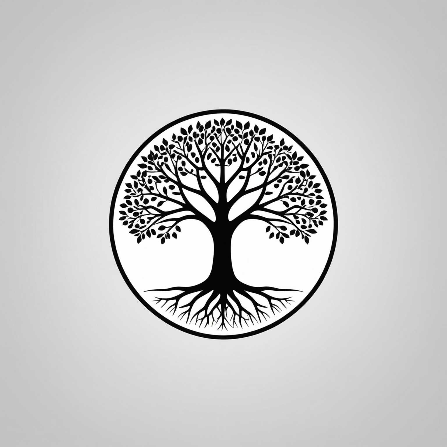 Ein einfaches, sauberes Logo-Design mit einem schwarzen Kreis und einer weißen, minimalistischen Baum-Silhouette in der Mitte. Der Baum hat einen einzigen Stamm, der sich in mehrere Äste aufteilt, von denen jeder einige kleine Blätter hat. Das Design ist modern und elegant, mit einem Schwerpunkt auf Einfachheit und Klarheit. Der Hintergrund des Logos ist schlicht weiß, was den schwarzen Kreis und das filigrane Baumdesign hervorhebt.