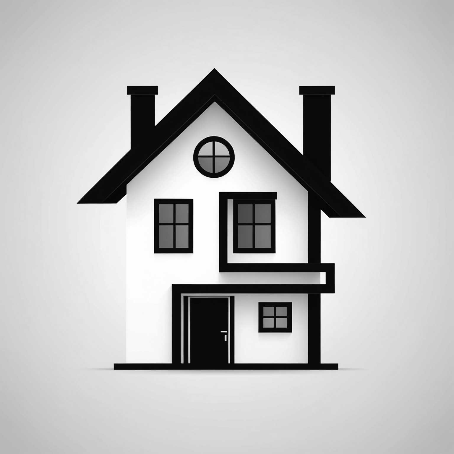 Dieses Bild zeigt ein minimalistisches Haus-Icon mit geraden, sauberen Linien, das sich für Immobilien oder Hausdienste eignet. Das Design ist elegant und einfach, verwendet geometrische Formen und ein monochromes Farbschema, hauptsächlich in Schwarz und Weiß.