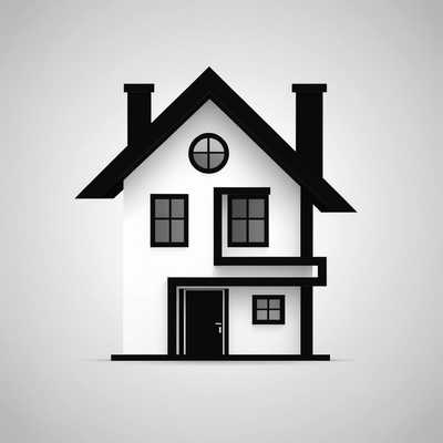 Dieses Bild zeigt ein minimalistisches Haus-Icon mit geraden, sauberen Linien, das sich für Immobilien oder Hausdienste eignet. Das Design ist elegant und einfach, verwendet geometrische Formen und ein monochromes Farbschema, hauptsächlich in Schwarz und Weiß.