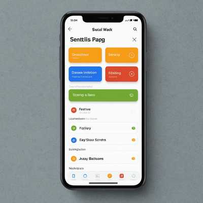 Diese Darstellung zeigt eine Einstellungsseite eines mobilen Apps. Der Bildschirm enthält Kippschalter für verschiedene Optionen wie Benachrichtigungen und Datenschutzeinstellungen, die zur einfachen Navigation in einer Liste organisiert sind. Das Design verwendet ein einheitliches Farbschema mit einer primären Akzentfarbe für Buttons und Hervorhebungen und betont Benutzerfreundlichkeit und eine klare visuelle Hierarchie.