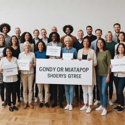Eine diverse Gruppe von Menschen, die verschiedene Geschlechter, Altersgruppen und Ethnien umfasst, hält jeweils ein weißes Schild vor sich. Der Hintergrund ist einfach und neutral, wobei alle in die Kamera lächeln und schauen.