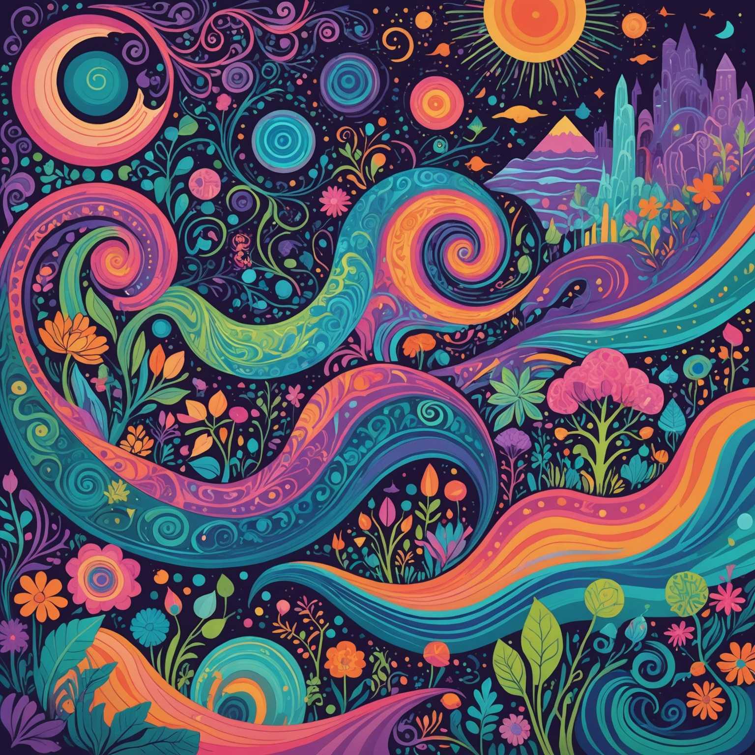Eine lebhafte, wirbelnde Landschaft voller lebendiger Farben und ausgefeilter Muster. Die Illustration zeigt eine fantastische Szene mit abstrakten, fließenden Formen, die ineinander übergehen. Es gibt Elemente, die mystische Kreaturen, Flora und kosmische Motive ähneln. Der Hintergrund ist ein Kaleidoskop aus Purpur-, Blau- und Rosatönen, durchzogen von neonfarbenen Grüntönen und Orangeakzenten. Wellen von wirbelnden Linien und fraktalähnlichen Designs greifen nahtlos ineinander und schaffen ein fesselndes Wandteppichbild psychedelischer Bilder. Schwebende Kugeln, Spiralen und himmlische Symbole verleihen dem Kunstwerk eine traumhafte Qualität.