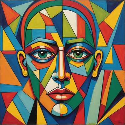 Das Bild ist eine lebendige und exzentrische kubistische Illustration, die ein abstraktes, fragmentiertes Gesicht zeigt, das aus geometrischen Formen und kräftigen Linien besteht. Die Farbpalette umfasst eine Mischung aus lebhaften und kontrastierenden Tönen wie Blau, Rot, Gelb und Grün. Das Gesicht hat asymmetrische Züge, bei denen ein Auge größer und höher ist als das andere, und die Nase und der Mund in eckigen Formen dargestellt sind. Der Hintergrund besteht aus verschiedenen überlappenden Formen und Mustern, die dem Stück Tiefe und Dynamik verleihen. Die gesamte Komposition vermittelt ein Gefühl von Laune und künstlerischer Verspieltheit, das für den kubistischen Stil charakteristisch ist.