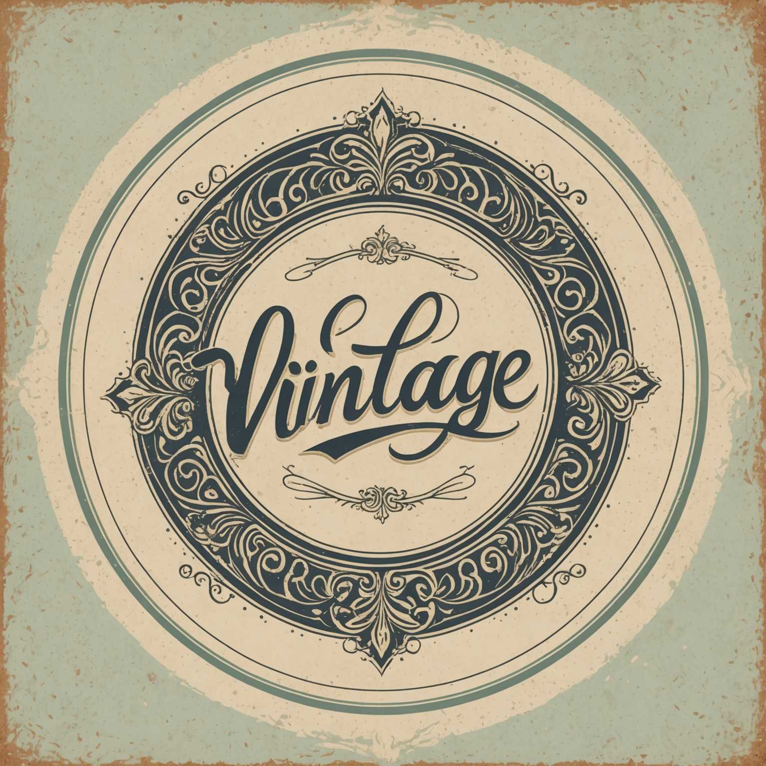 Ein kreisförmiges Logo mit einem Retro-Design trägt das Wort 'Vintage' in eleganter, kursiver Schrift in der Mitte. Der Hintergrund ist in einer verblassten, gedämpften Pastellfarbe gehalten und hat eine strukturierte, abgenutzte Optik, um das Vintage-Ästhetik zu verstärken. Um das zentrale Textelement herum befinden sich ornamentale Verzierungen und dekorative Schnörkel, die das Wort 'Vintage' rahmen und ein Element der Raffinesse hinzufügen. Oben im Logo steht in Großbuchstaben 'ESTD 1975'. Im unteren Teil des kreisförmigen Designs befinden sich die Wörter 'Quality Goods' in fetter, serifenloser Schrift, was zum Gefühl von Zuverlässigkeit und Tradition beiträgt.