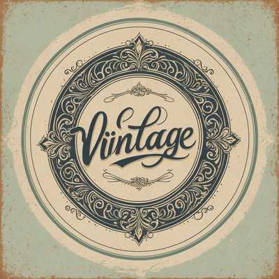 Ein kreisförmiges Logo mit einem Retro-Design trägt das Wort 'Vintage' in eleganter, kursiver Schrift in der Mitte. Der Hintergrund ist in einer verblassten, gedämpften Pastellfarbe gehalten und hat eine strukturierte, abgenutzte Optik, um das Vintage-Ästhetik zu verstärken. Um das zentrale Textelement herum befinden sich ornamentale Verzierungen und dekorative Schnörkel, die das Wort 'Vintage' rahmen und ein Element der Raffinesse hinzufügen. Oben im Logo steht in Großbuchstaben 'ESTD 1975'. Im unteren Teil des kreisförmigen Designs befinden sich die Wörter 'Quality Goods' in fetter, serifenloser Schrift, was zum Gefühl von Zuverlässigkeit und Tradition beiträgt.