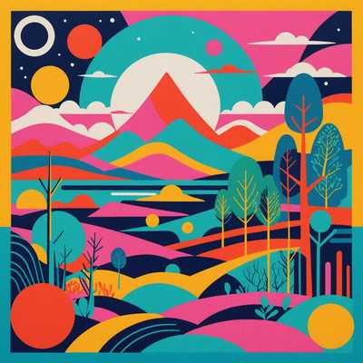 Die Illustration zeigt eine lebendige, retro-inspirierte Szene mit einer begrenzten Farbpalette, die typisch für Risograph-Drucke ist. Die Kunst hat eine nostalgische Atmosphäre, die an das Grafikdesign der Mitte des 20. Jahrhunderts erinnert. Sie stellt eine skurrile, möglicherweise surreale Landschaft mit übertriebenen und stilisierten Elementen dar. Dicke Linien umreißen die Charaktere und Objekte, wobei flache, leuchtende Farben die Details ausfüllen. Die Komposition enthält vereinfachte, abstrakte Formen und Muster, was ihr eine spielerische, fast kindliche Qualität verleiht. Es gibt eine Balance zwischen geometrischen und organischen Formen, und die Gesamtt extur hat einen leicht körnigen, unperfekten Look, der typisch für Risograph-Drucke ist. Die Szene kombiniert sowohl natürliche als auch fantastische Elemente und schafft so eine einzigartige, traumhafte Atmosphäre.