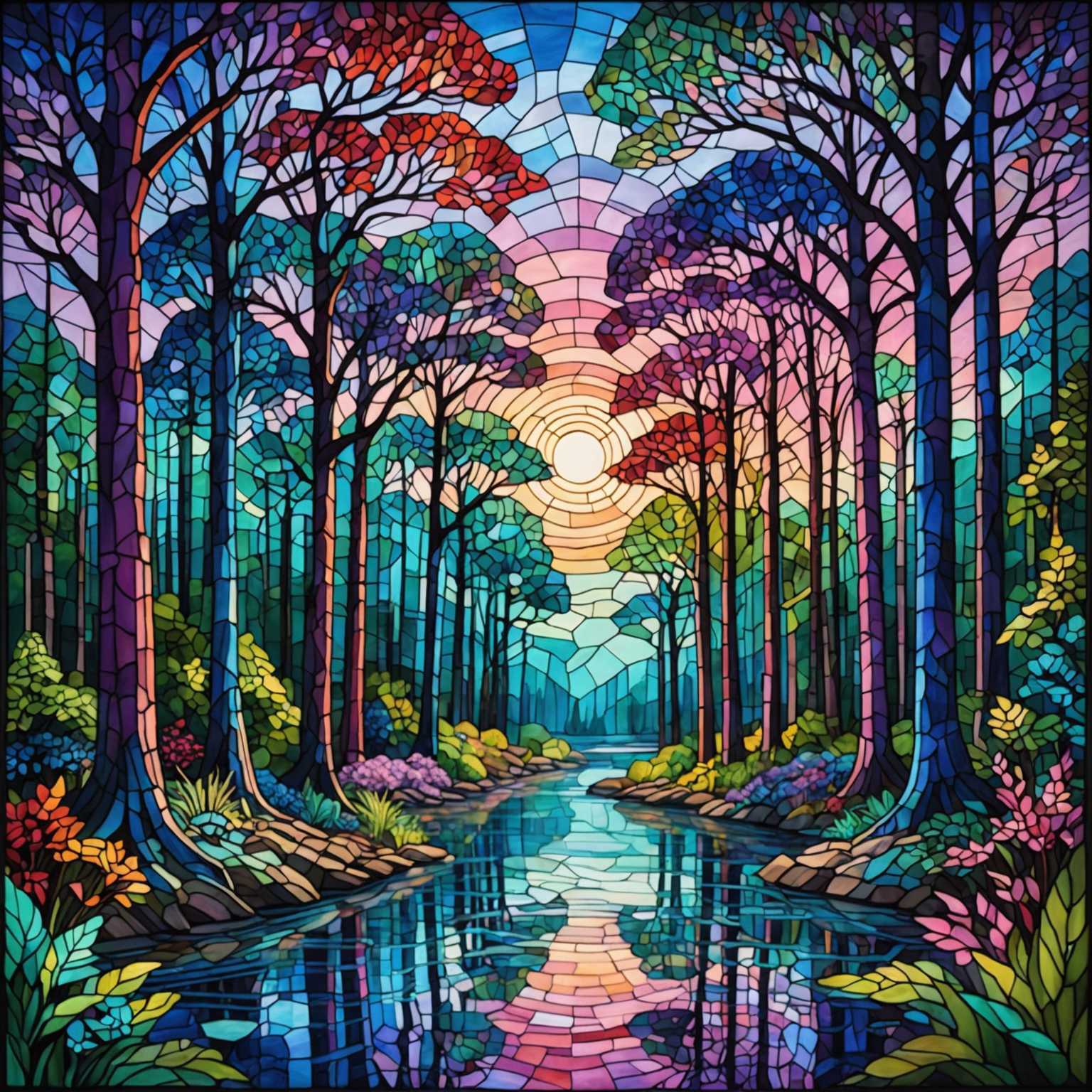 Das Bild zeigt eine atemberaubende Landschaft, die vollständig aus lebendigen Buntglaselementen besteht. Die Szene zeigt einen üppigen Wald mit hoch aufragenden Bäumen, deren Blätter und Stämme komplizierte, farbenfrohe Muster aufweisen. Der Himmel darüber ist ein faszinierendes Mosaik aus Blau-, Lila- und Rosatönen, die ein abstraktes, aber harmonisches Blätterdach bilden. Ein ruhiger Fluss fließt durch die Mitte und seine Oberfläche spiegelt die lebendigen Farben der Umgebung wider. Verschiedene Wildtiere wie Vögel und Hirsche sind in Buntglas dargestellt und fügen sich nahtlos in die Umgebung ein. Die gesamte Atmosphäre ist fantastisch und traumhaft, mit Licht, das durch die Buntglaselemente filtert und ein Kaleidoskop von Farben auf dem Boden wirft. Die gesamte Szene fühlt sich an wie ein lebendiges, atmendes Kunstwerk, das die natürliche Schönheit einer Landschaft mit der komplizierten Handwerkskunst der Buntglasarbeit verbindet.