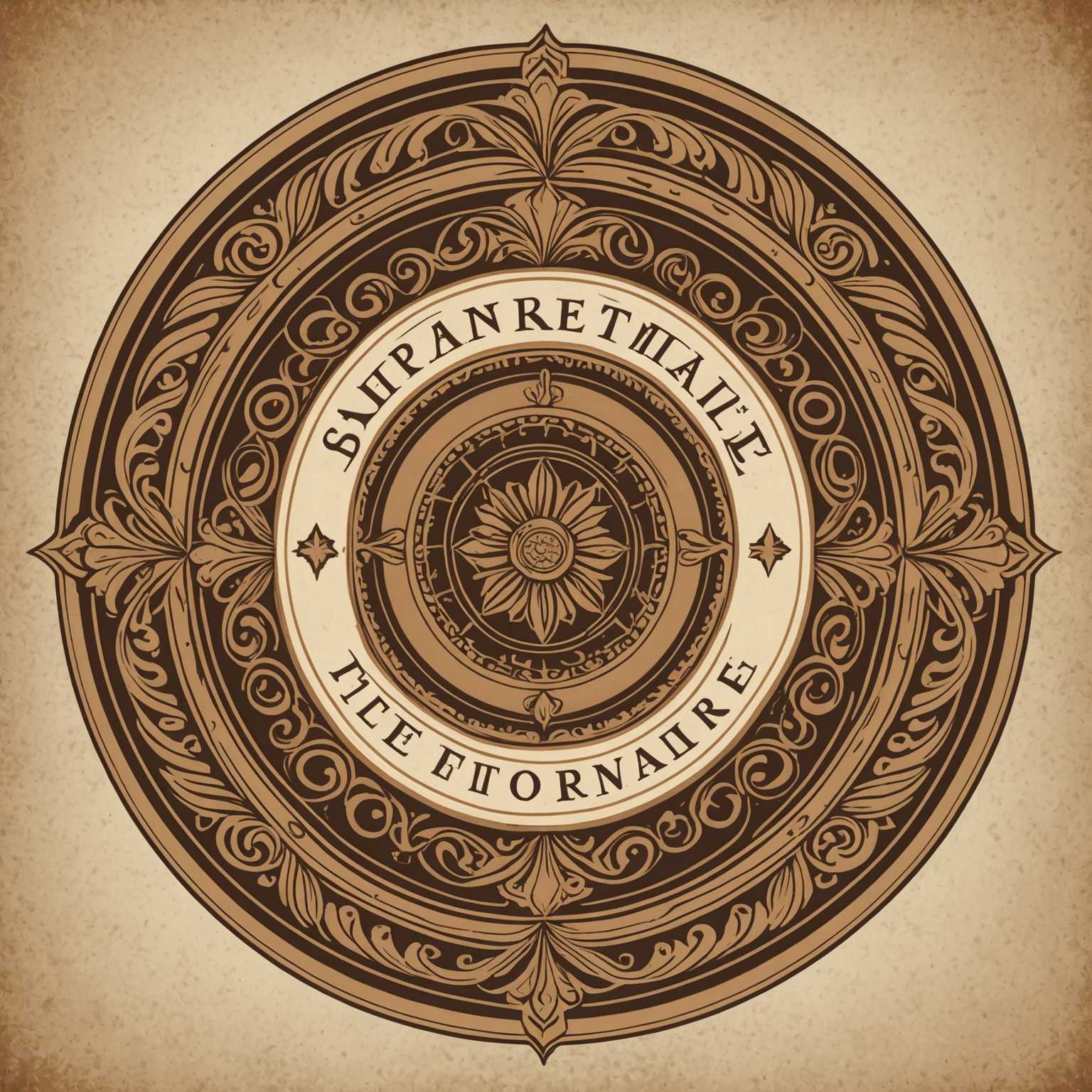 Ein rundes Vintage-Logo mit einem klassischen dekorativen Rahmen und fein ausgearbeiteten Details. Im Zentrum befindet sich eine stilisierte Illustration eines altmodischen Emblems. Um das Emblem herum gibt es künstlerische Wirbel und ornamentale Grafiken, die den Vintage-Charme verstärken. Die Farbpalette ist wahrscheinlich gedämpft, mit erdigen Tönen wie Sepia, Braun oder verblassten Farbschattierungen, die ihm ein antikes Gefühl verleihen. Der Text, falls vorhanden, ist in einer eleganten, altmodischen Serifenschrift dargestellt, die das gesamte Retro-Aussehen ergänzt.