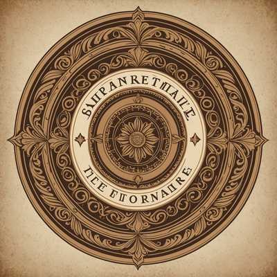 Ein rundes Vintage-Logo mit einem klassischen dekorativen Rahmen und fein ausgearbeiteten Details. Im Zentrum befindet sich eine stilisierte Illustration eines altmodischen Emblems. Um das Emblem herum gibt es künstlerische Wirbel und ornamentale Grafiken, die den Vintage-Charme verstärken. Die Farbpalette ist wahrscheinlich gedämpft, mit erdigen Tönen wie Sepia, Braun oder verblassten Farbschattierungen, die ihm ein antikes Gefühl verleihen. Der Text, falls vorhanden, ist in einer eleganten, altmodischen Serifenschrift dargestellt, die das gesamte Retro-Aussehen ergänzt.