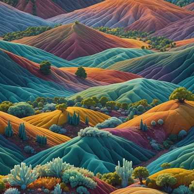 Das Bild zeigt ein Flickwerk von seltsamen, bunten Landschaften mit hügeligem Terrain und kristallinen Formationen. Es sind durchscheinende, ätherische Pflanzen und Bäume zu sehen, die sanft leuchten.