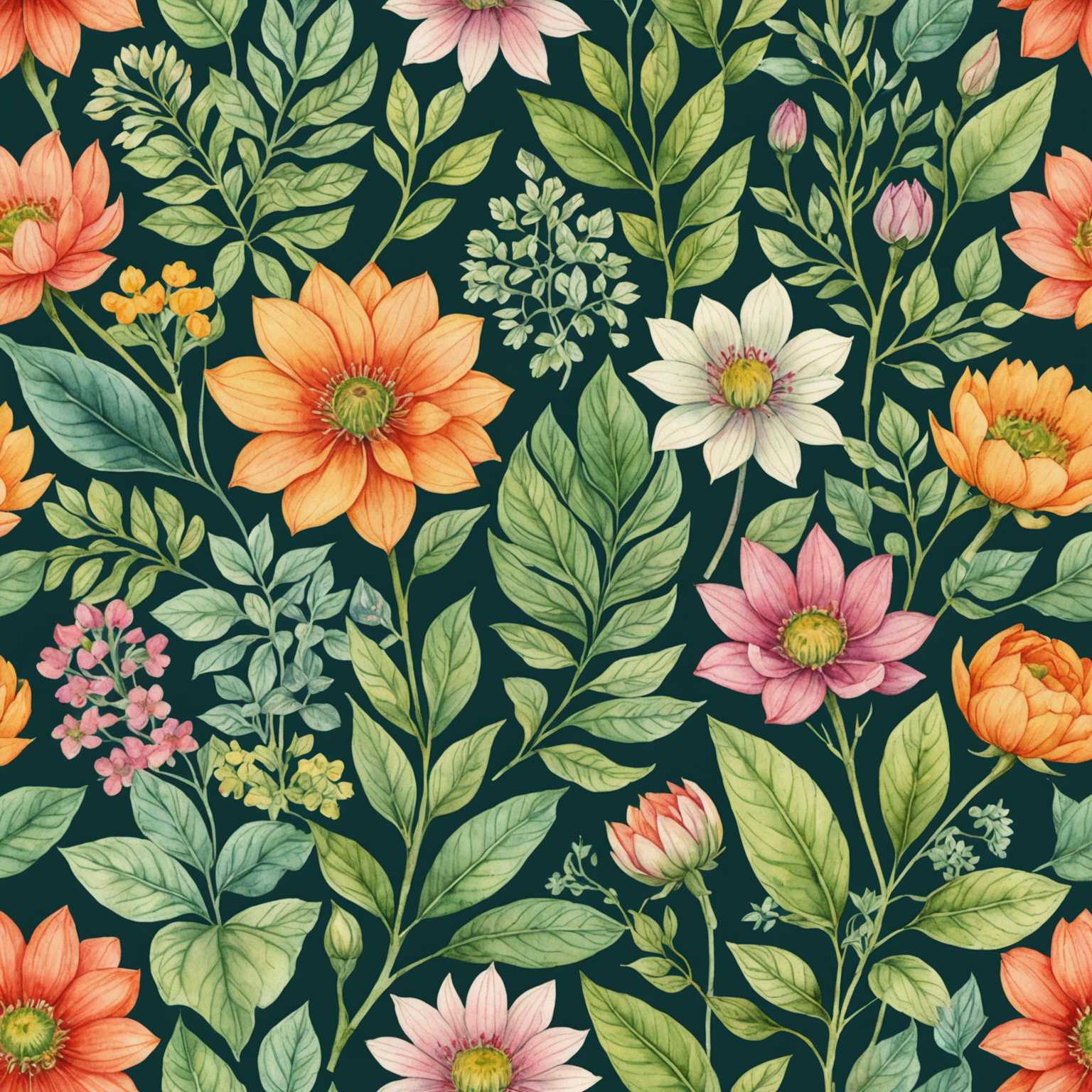 Eine Reihe von zarten und detaillierten botanischen Aquarellillustrationen. Jede Illustration zeigt verschiedene Pflanzen und Blumen mit aufwendigen Details in lebendigen Aquarellfarben. Die Farben reichen von sanften Pastelltönen bis zu satten, tiefen Tönen und fangen die natürliche Schönheit der Flora ein. Die Blätter werden mit verschiedenen Grüntönen dargestellt, die die Adern und Texturen hervorheben. Blumen werden in voller Blüte gezeigt und zeigen ihre Blütenblätter in Farben wie Rosa, Orange, Blau und Gelb. Der Hintergrund ist eine saubere, weiße Leinwand, die die botanischen Elemente deutlich hervorhebt. Die gesamte Komposition strahlt ein Gefühl von Ruhe und Bewunderung für die komplexen Designs der Natur aus.