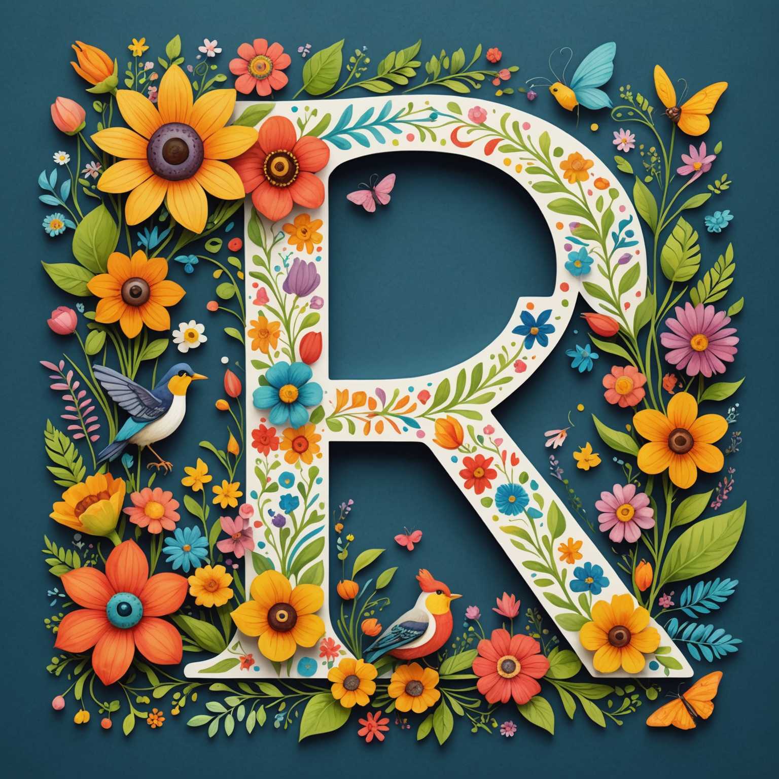 Das Bild zeigt ein skurriles und farbenfrohes Zeichnung des Buchstabens A, der einzigartig mit verspielten Tieren und leuchtenden Blumen verziert ist. Der Buchstabe A ist kunstvoll gestaltet, wobei ein spezifischer Tiercharakter entweder in den Buchstaben selbst integriert oder charmant damit interagiert. Die Flora umfasst eine Vielzahl von Blumen, die Farbtupfer und eine sanfte Note in die Szene bringen. Die Tiere reichen von gewöhnlichen Haustieren bis hin zu exotischen Wildtieren, die alle zu einer fesselnden und lebendigen Darstellung des Buchstabens A beitragen. Der Stil ist kinderfreundlich, fantasievoll und sorgfältig detailliert, was ihn zu einem entzückenden Lernmittel für junge Lernende macht.
