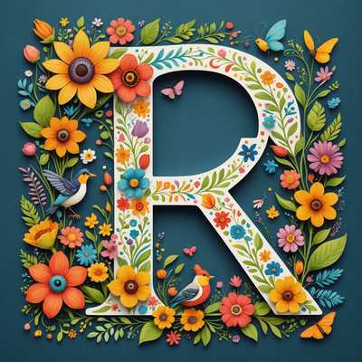 Buchstabe "R" mit bunten Blumen und Tieren auf Teal-Hintergrund