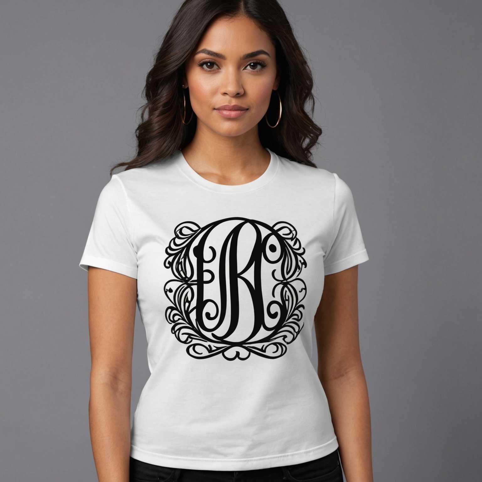 Ein stylisches T-Shirt mit einem Monogramm-Design, das aus ineinandergreifenden, kunstvoll gestalteten Buchstaben besteht. Die Buchstaben sind modern und elegant gestaltet, mit geschwungenen Kurven und scharfen Winkeln. Der Hintergrund des Monogramms ist sauber und schlicht, wodurch das detailreiche Design hervorsticht. Das T-Shirt selbst wirkt trendy, mit einem taillierten Schnitt und hochwertigem Stoff, was das Gesamtbild der Monogramm-Illustration verstärkt.