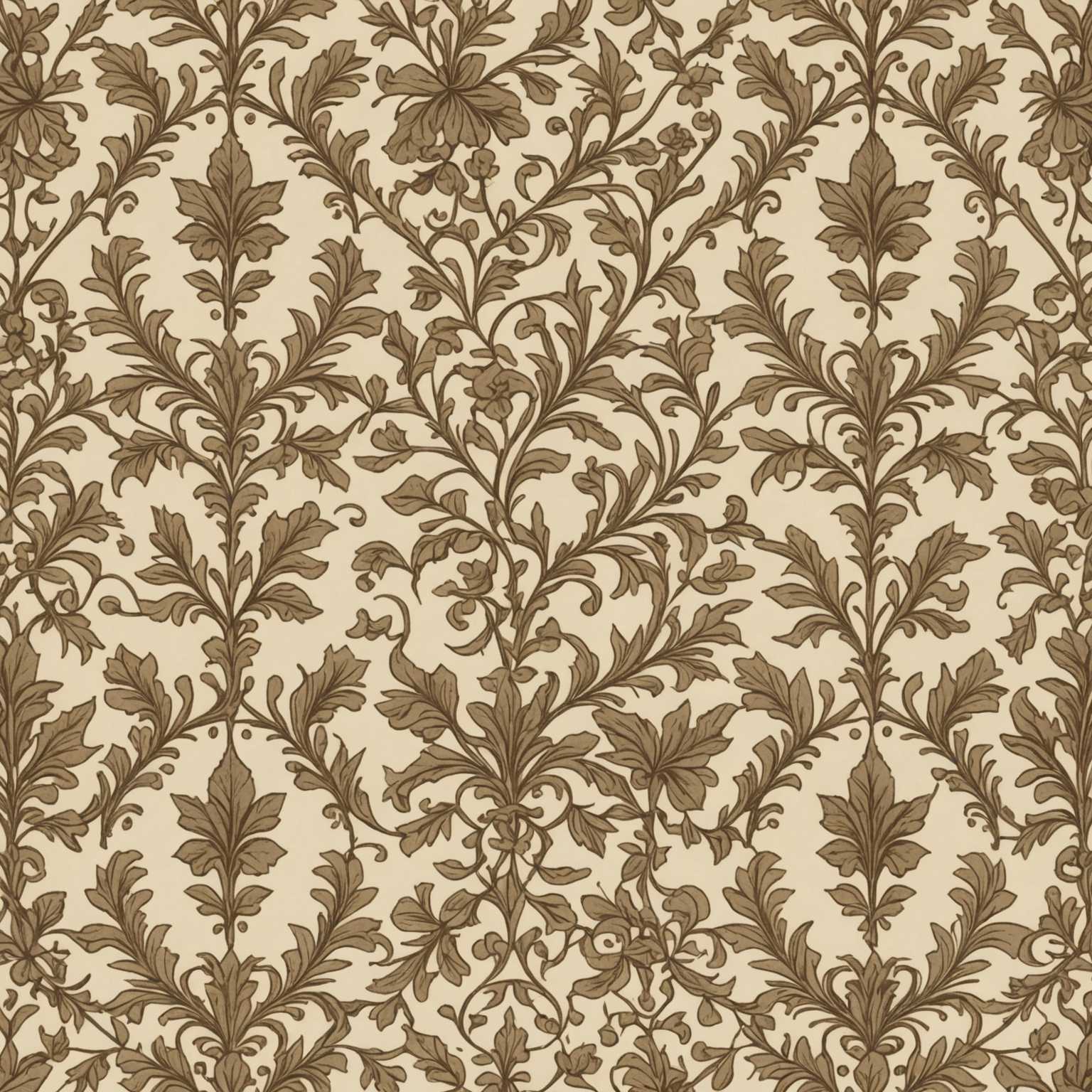 Das Bild zeigt einen eleganten Pergamenthintergrund mit filigranen, sich wiederholenden Mustern. Die Muster sind floral und naturinspirierend, mit ineinander greifenden Blättern, Ranken und Blumen. Das Design ist symmetrisch, detailreich und hat ein vintage, klassisches Gefühl, das an Feiertags- oder naturinspirierte Tapeten erinnert. Die Farbpalette ist gedämpft, mit erdigen Tönen wie Beige, Creme und weichen Brauntönen, was ihm ein zeitloses und ruhiges Aussehen verleiht.