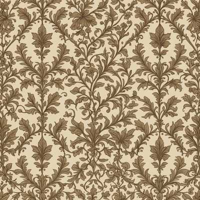 Das Bild zeigt einen eleganten Pergamenthintergrund mit filigranen, sich wiederholenden Mustern. Die Muster sind floral und naturinspirierend, mit ineinander greifenden Blättern, Ranken und Blumen. Das Design ist symmetrisch, detailreich und hat ein vintage, klassisches Gefühl, das an Feiertags- oder naturinspirierte Tapeten erinnert. Die Farbpalette ist gedämpft, mit erdigen Tönen wie Beige, Creme und weichen Brauntönen, was ihm ein zeitloses und ruhiges Aussehen verleiht.