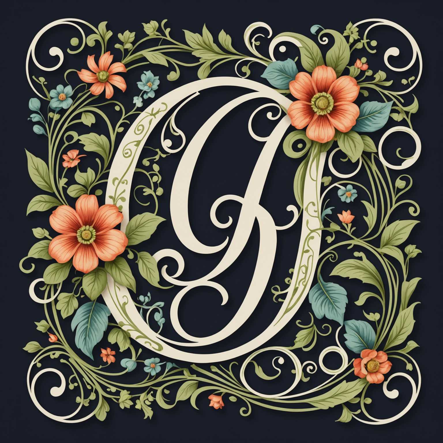 Das Bild zeigt ein kunstvoll gestaltetes Monogramm, das einen einzelnen Buchstaben zeigt, der kunstvoll mit floralen Elementen verwoben ist. Der Buchstabe ist elegant mit fließenden Kurven und kräftigen Linien gestaltet und fügt sich nahtlos in eine Reihe von detaillierten Blumen, Blättern und zarten Ranken ein. Die floralen Muster sind üppig und lebendig und verleihen dem Monogramm einen Hauch von Natur und Verspieltheit. Die Gesamtästhetik ist sowohl raffiniert als auch künstlerisch und vereint die klassische Form des Buchstabens mit den organischen und verzierten Qualitäten der botanischen Verzierungen.
